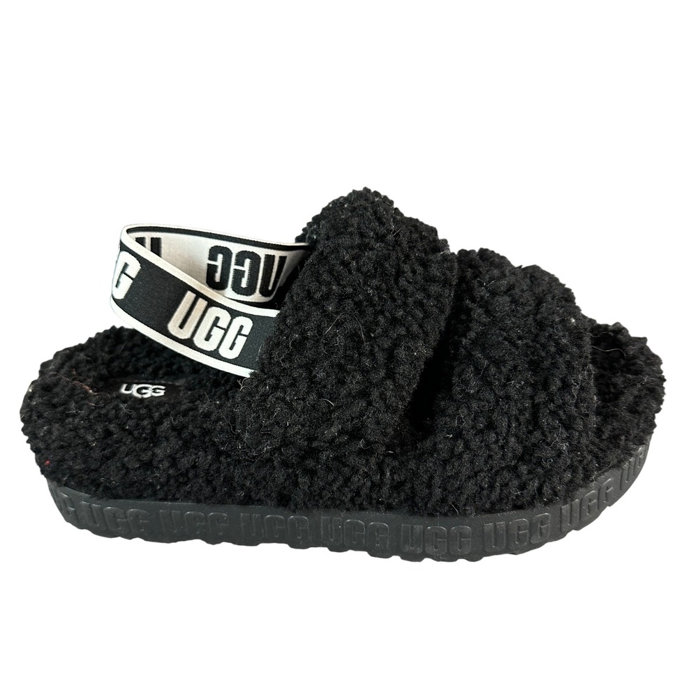 UGG Oh Fluffita Black Sheepskin Platform Slingback Slides Sandals 10